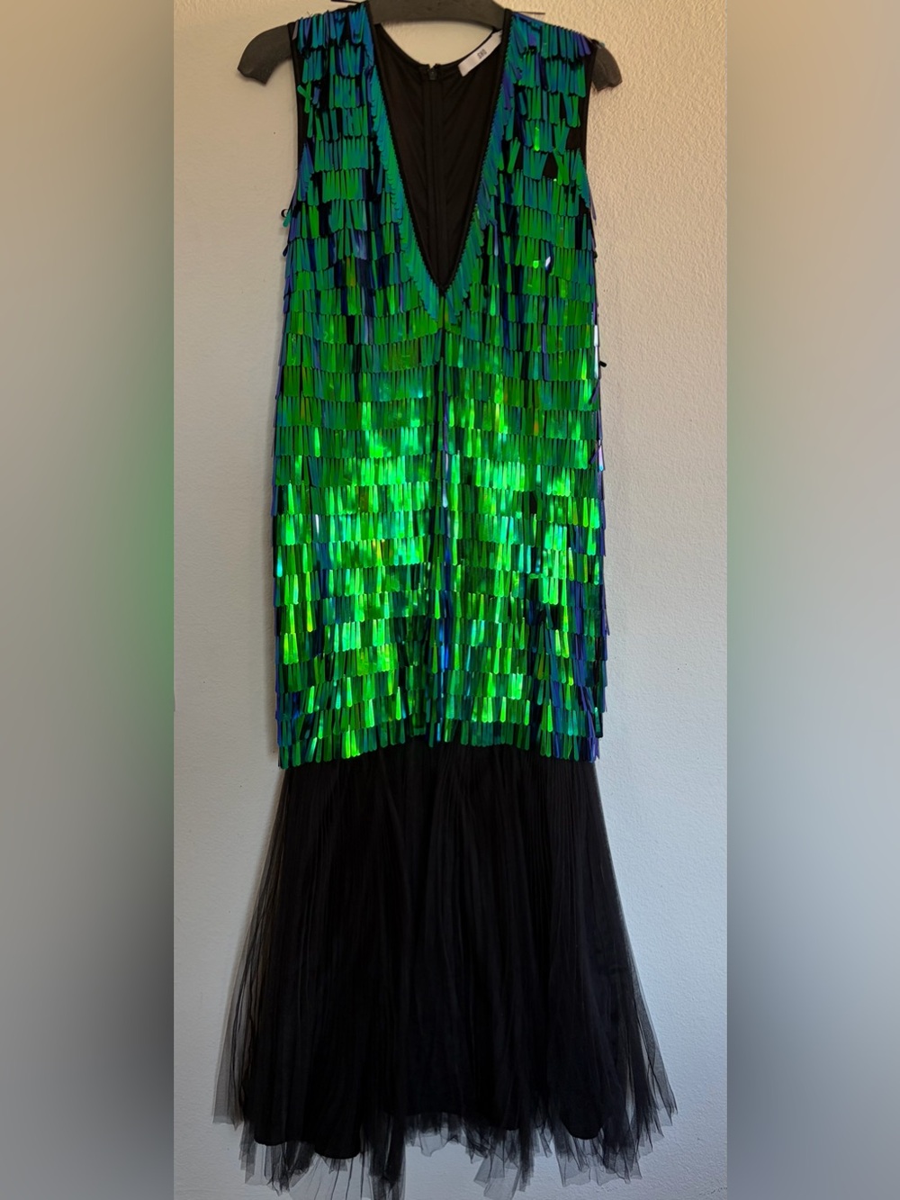 Neiman Marcus Green and Blue Sequin Fringe Tulle Maxi Dress with Deep V